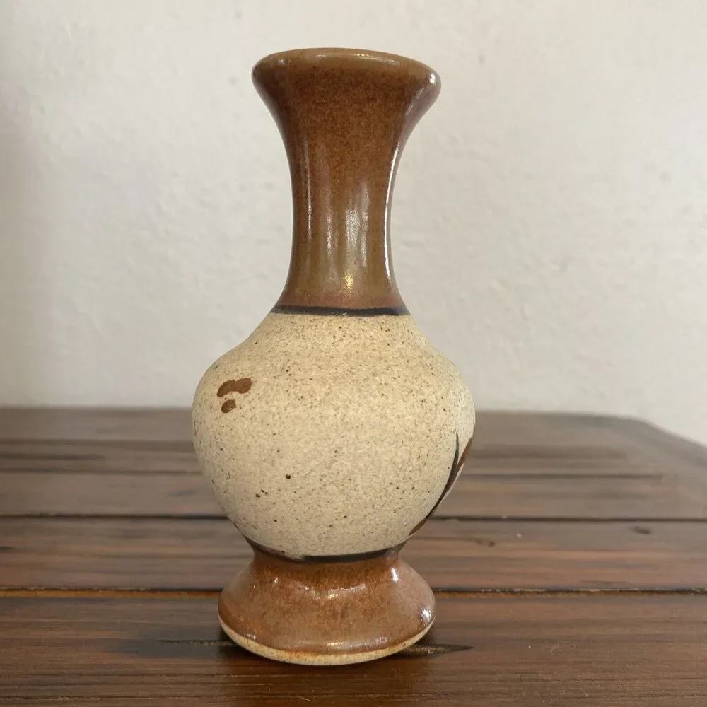 Vintage Mexican Art Pottery Stoneware Vase Hand Painted Signed Floral Small 5”